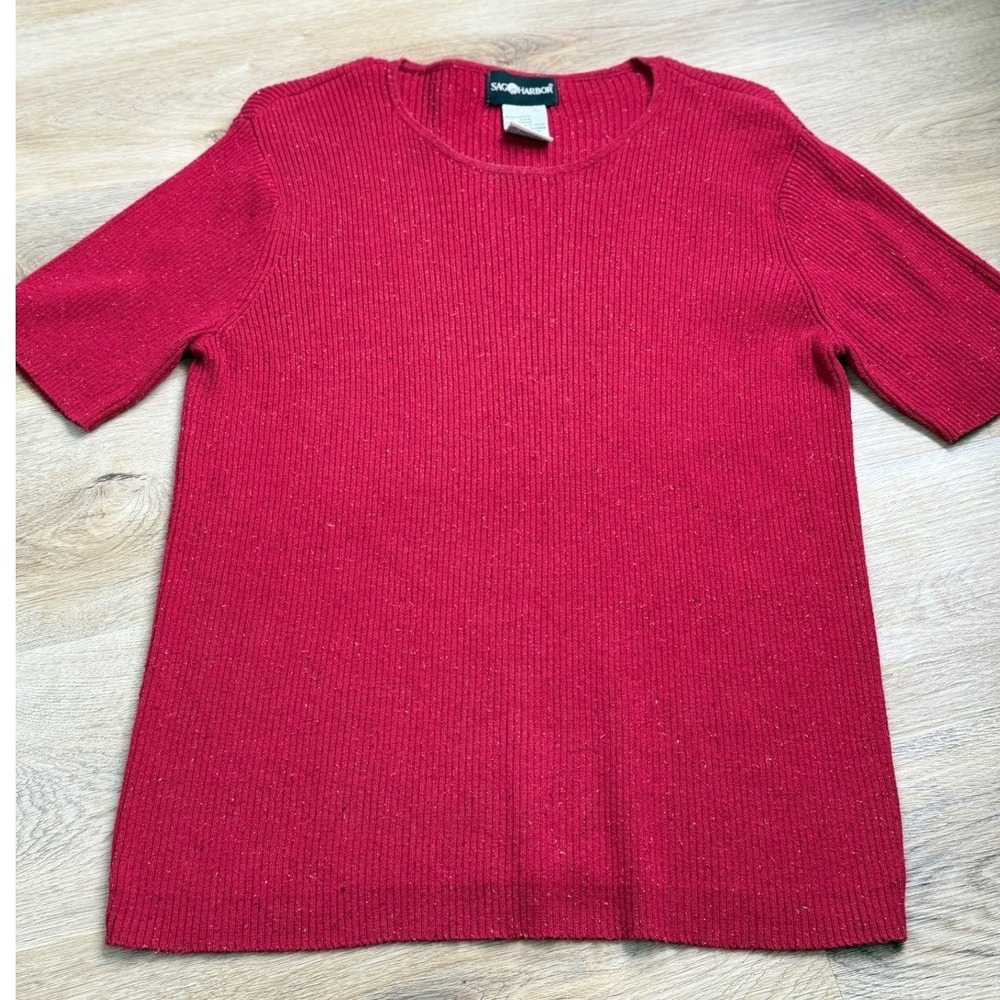 VTG Sag Harbor Red Ribbed Short Sleeve Sweater Women L Grandmacore Minimalist